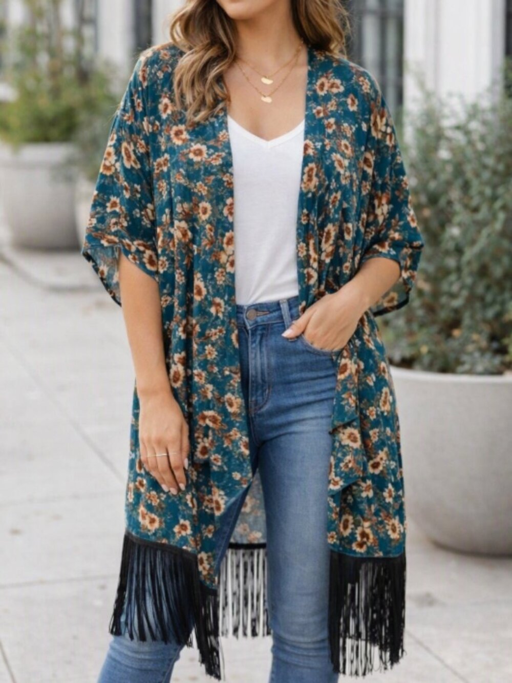 LuLaRoe Monroe Fringed Sheer Teal Floral Kimono S Boho Chic Layering Festival